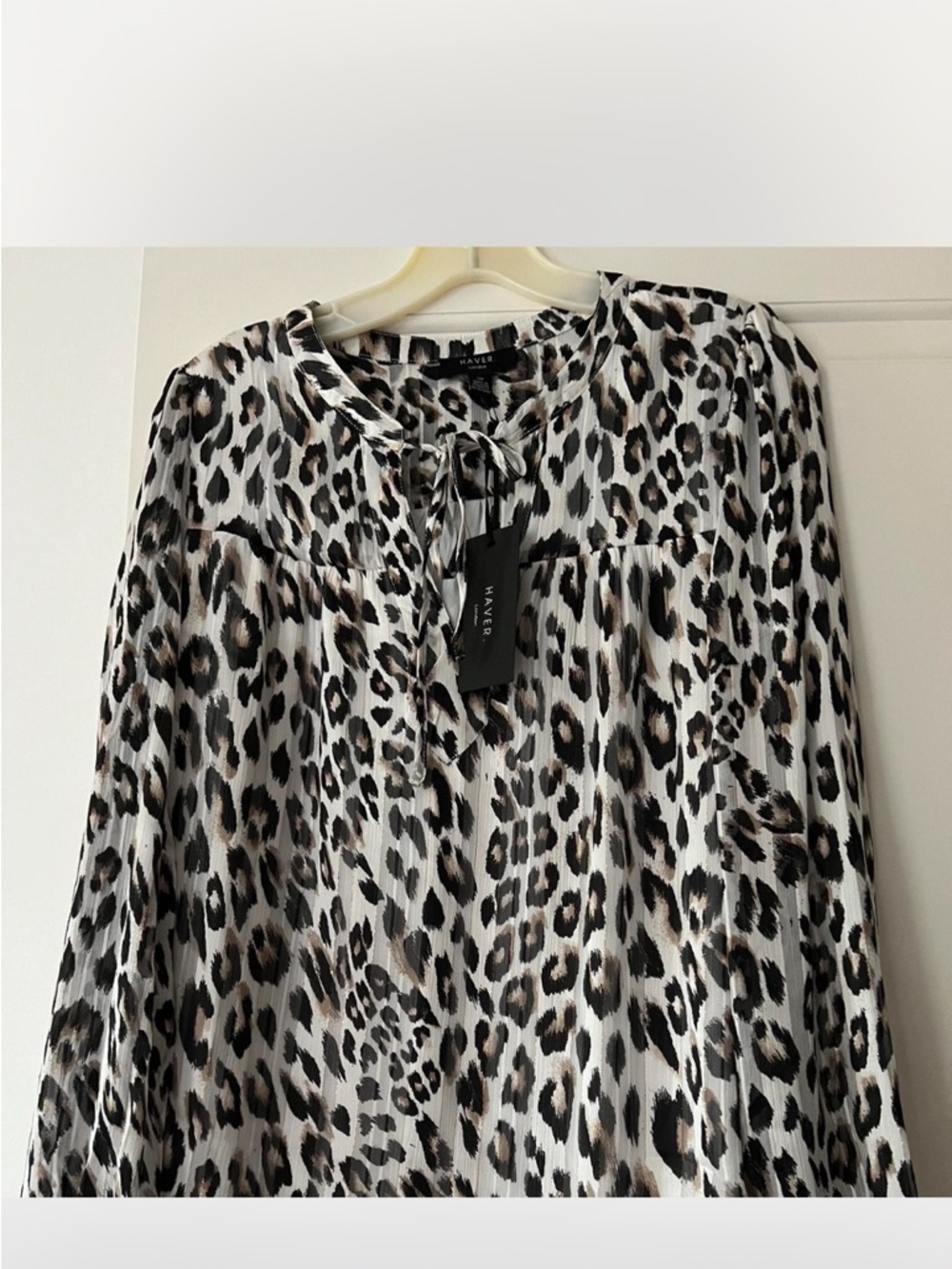 Haver Leopard-Print Tie-Neck Blouse — White with Brown and Black Spots